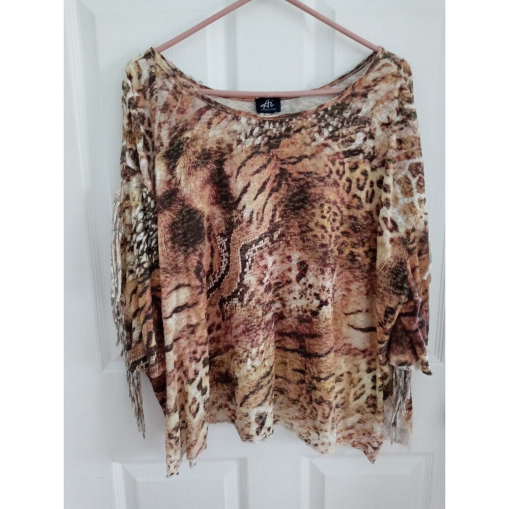 Authentic Icon  Top Brown Gold animal Print fringe Size Large....w12